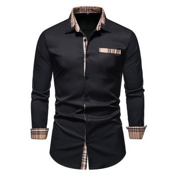 

Contrast Trim Shirt Check Print Insert Turn Down Collar Casual Shirt, Black