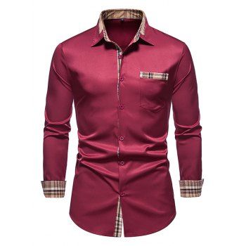 

Contrast Trim Shirt Check Print Insert Turn Down Collar Casual Shirt, Deep red