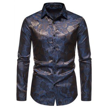 

Rose Pattern Shirt Button Up Long Sleeve Casual Shirt, Deep blue