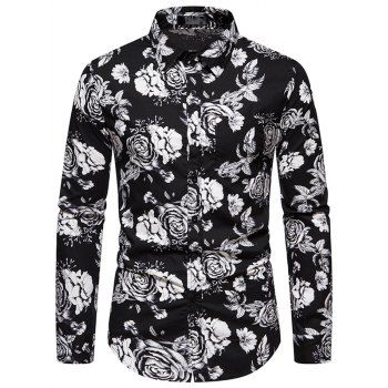 

Allover Flower Print Shirt Cotton Button Up Casual Shirt, Black