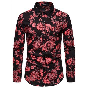 

Allover Flower Print Shirt Cotton Button Up Casual Shirt, Deep red