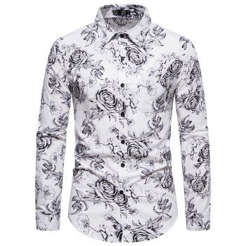 

Flower Allover Print Shirt Cotton Button Up Casual Shirt, White