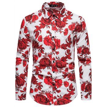 

Flower Allover Print Shirt Cotton Button Up Casual Shirt, Red