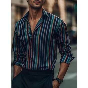 

Vertical Stripes Print Shirt Button Up Turn Down Collar Casual Shirt, Multicolor a