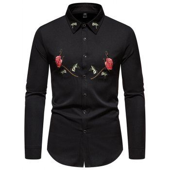 

Rose Embroidery Shirt Button Up Long Sleeve Casual Shirt, Black