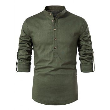 

Half Button Stand Collar Shirt Plain Color Long Sleeve Casual Shirt, Deep green