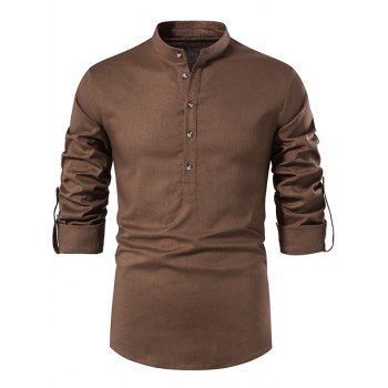 

Half Button Stand Collar Shirt Plain Color Long Sleeve Casual Shirt, Deep coffee