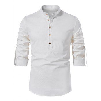 

Half Button Stand Collar Shirt Plain Color Long Sleeve Casual Shirt, White