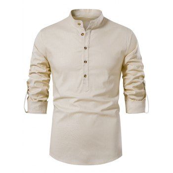 

Half Button Stand Collar Shirt Plain Color Long Sleeve Casual Shirt, Light coffee