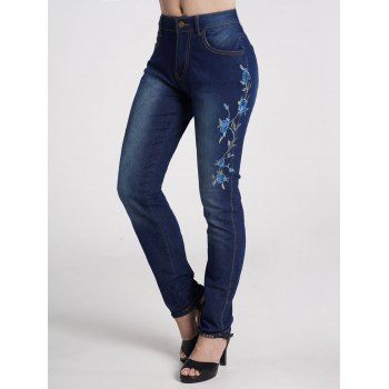 

Floral Embroidery Jeans Middle Waist Skinny Denim Pants, Deep blue