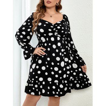 

Plus Size Polka Dots Print Dress Ruffle Hem Long Sleeve Casual Mini Dress, Black