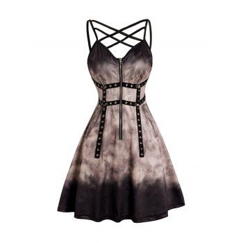 

Tie Dye Print Grommet Lattice Dress Half Zipper Sleeveless A Line Mini Dress, Deep coffee