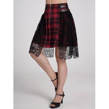 

Check Print Lace Gothic Skirt Grommet Half Zip High Waist Skirt, Red