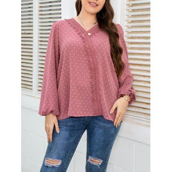 

Plus Size Swiss Dot Guipure Blouse Plain Color Long Sleeve V Neck Casual Top, Light pink