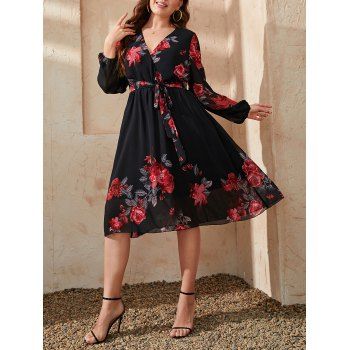 

Plus Size Flower Print Belt Dress Surplice Neck Long Sleeve Casual Midi Dress, Black