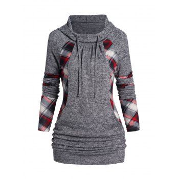 

Check Patchwork Knit Hooded Top Long Sleeve Casual Top, Gray