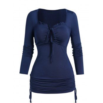 

Cinched Side Ruffle Trim Top Tie Front Sweetheart Collar Casual Top, Deep blue