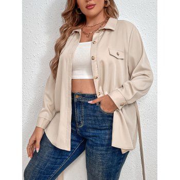 

Plus Size Faux Pocket Belt Shirt Button Long Sleeve Turn Down Collar Casual Shirt, Light yellow