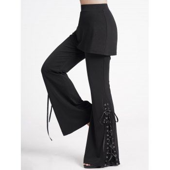 

Lace Up Flare Skirted Pants Plain Color Elastic Waist Casual Pants, Black