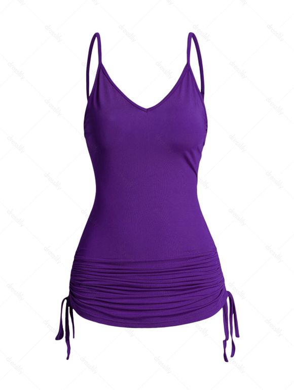 Cinched Ruched Camisole Plain Color Sleeveless Adjustable Strap Cami Top - PURPLE XL