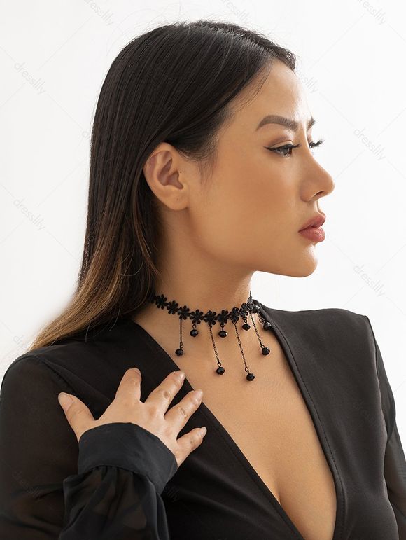 Collier Ras de Cou en Dentelle Florale et Perle Style Gothique - Noir 