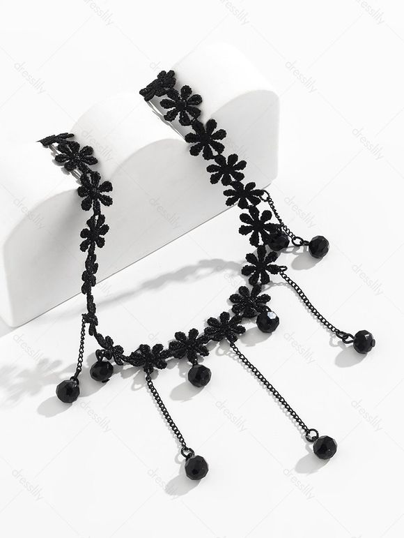 Collier Ras de Cou en Dentelle Florale et Perle Style Gothique - Noir 