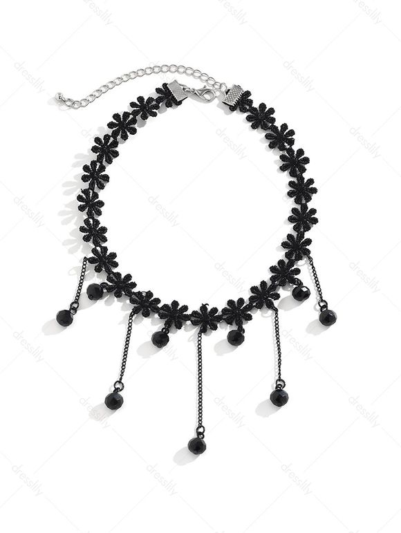 Collier Ras de Cou en Dentelle Florale et Perle Style Gothique - Noir 