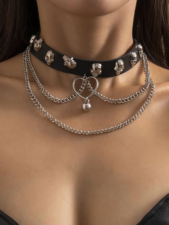 Collier Ras-du-Cou D'Halloween Crâne Cœur Bouclé à Chaîne - Noir 