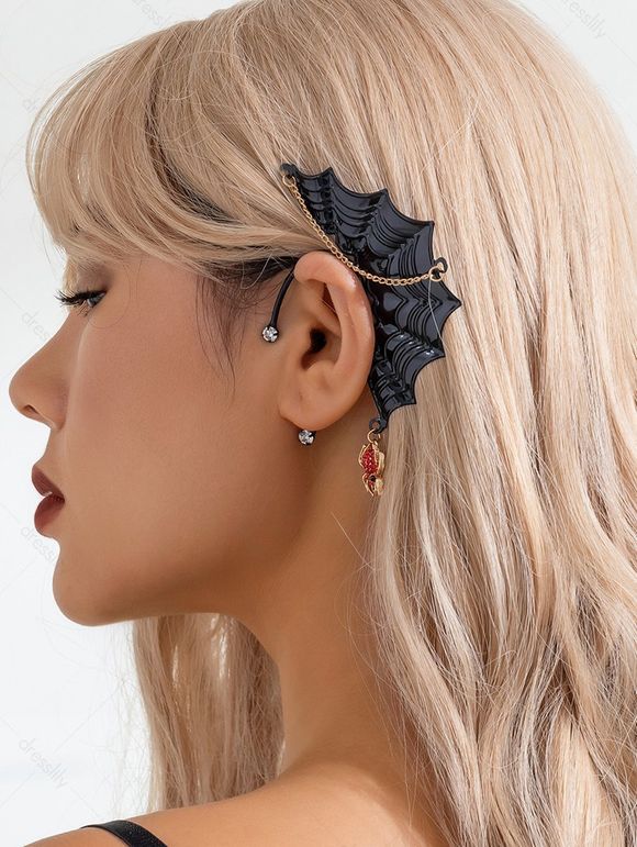 Halloween Gothic Spider Wing Faux Diamond Ear Wrap - BLACK 