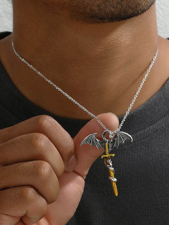 Collier avec Pendentif Motif Épée et Dragon - Argent 1PC