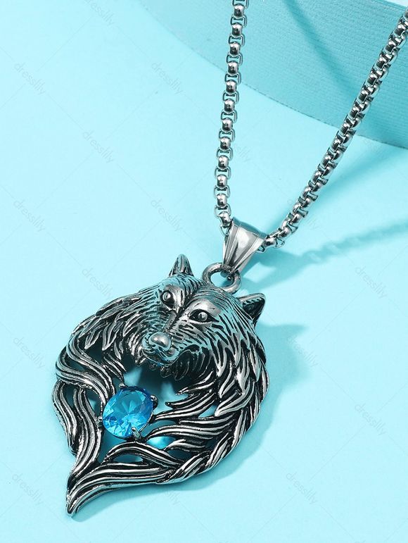 Collier Pendant Vintage Tête de Loup en Faux Diamant - Argent 1PC