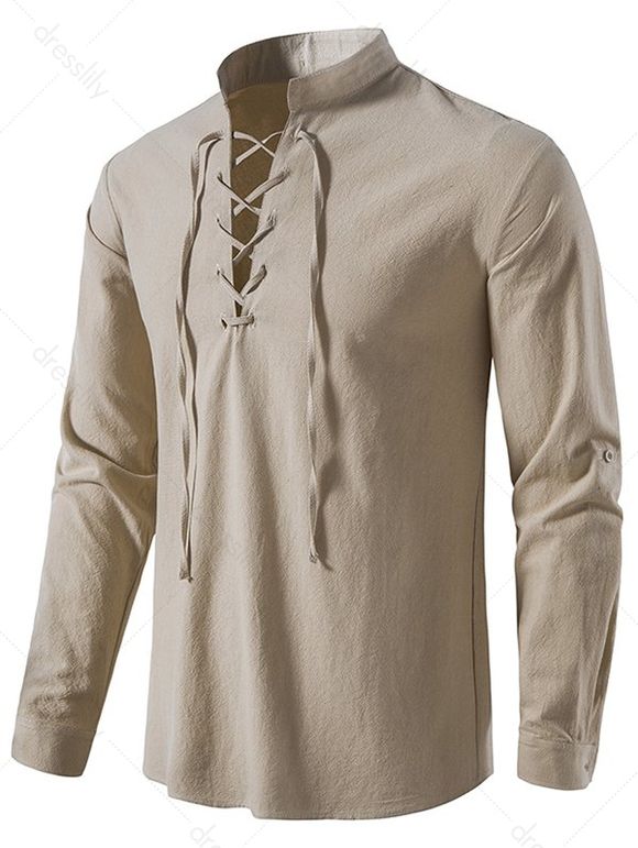 Lace Up Stand Collar Shirt Cotton Plain Color Long Sleeve Casual Shirt - LIGHT COFFEE XL