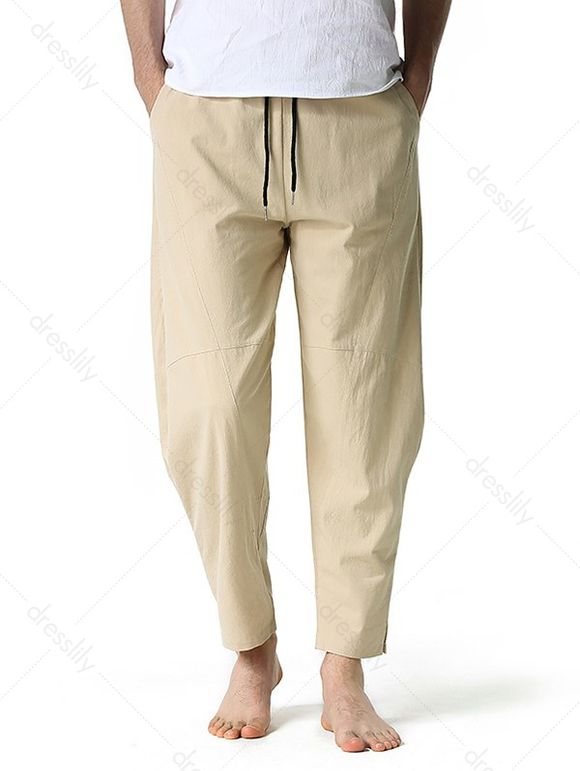 Pantalon Décontracté Simple en Coton avec Poche à Cordon - café lumière L