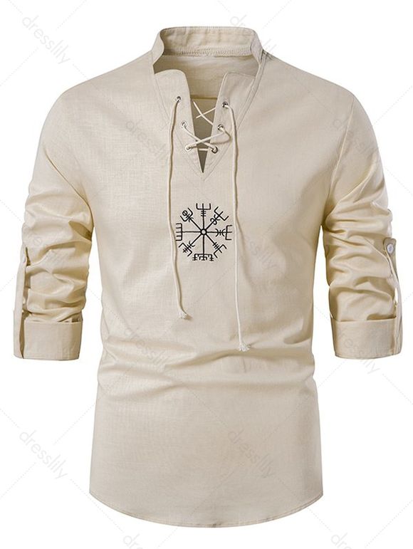 Chemise Décontractée Motif de Tribal Brodée à Col Debout à Lacets - café lumière XXL