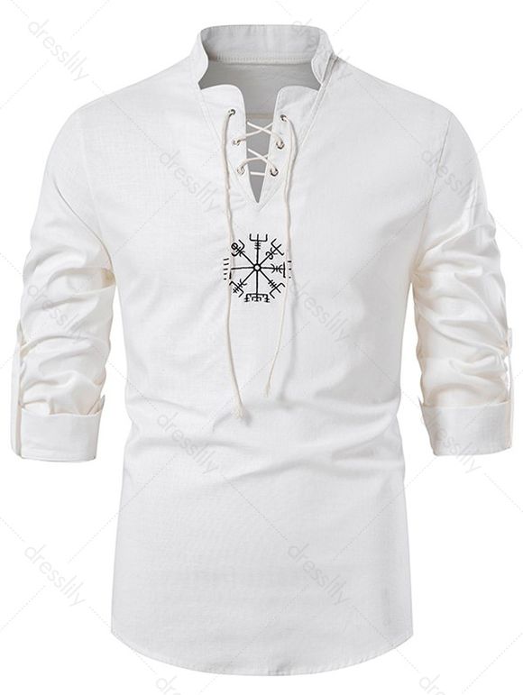 Chemise Décontractée Motif de Tribal Brodée à Col Debout à Lacets - Blanc XXL