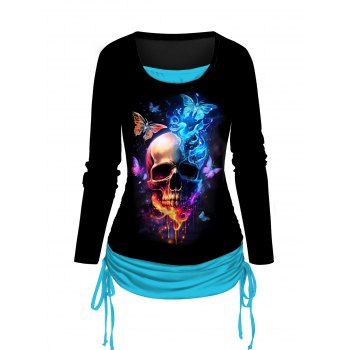 

Halloween Skull and Butterfly Print T Shirt Cinched Side Faux Twinset Tee, Light blue