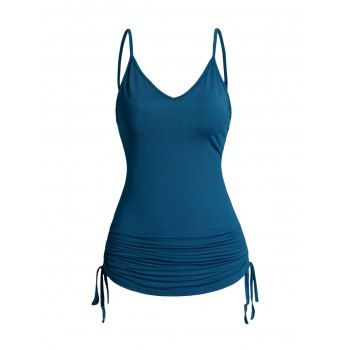 

Plus Size Cinched Ruched Long Camisole Plain Color Sleeveless Casual Cami Top, Blue