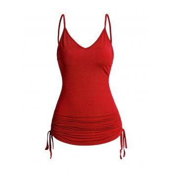 

Plus Size Cinched Ruched Long Camisole Plain Color Sleeveless Casual Cami Top, Red