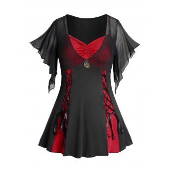 

Plus Size Colorblock Lace Up Gothic Top Mesh Sleeve Faux Twinset Casual Top, Red