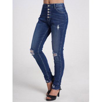 

Ripped Jeans Pocket Button Up Zipper Casual Denim Pants, Deep blue