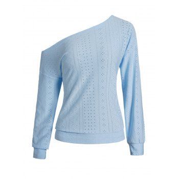 

Eyelet Embroidery Skew Neck Top Plain Color Long Sleeve Casual Top, Light blue