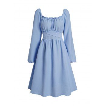 

Square Neck Self Belted Dress Plain Color Long Sleeve Casual Dress, Light blue