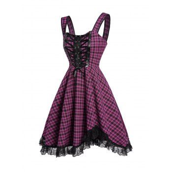 

Check Print Lace Up Dress Lace Hem Sleeveless Zip Back Mini Dress, Purple