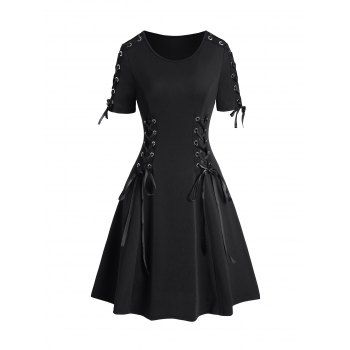 

Lace Up Dress Plain Color A Line Casual Mini Dress, Black