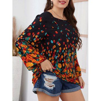 

Plus Size Floral Print Blouse Round Neck Long Sleeve Casual Top, Black