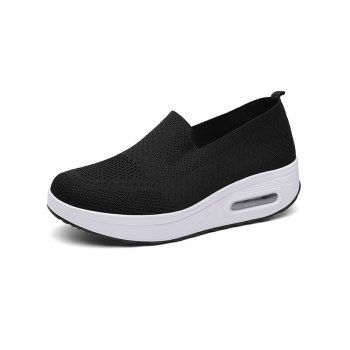 

Breathable Knit Detail Chunky Heel Slip On Casual Shoes, Black