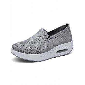 

Breathable Knit Detail Chunky Heel Slip On Casual Shoes, Gray