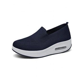 

Breathable Knit Detail Chunky Heel Slip On Casual Shoes, Deep blue