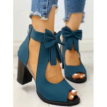 

Peep Toe Bowknot Mesh Patchwork Chunky Heel Sandals, Blue