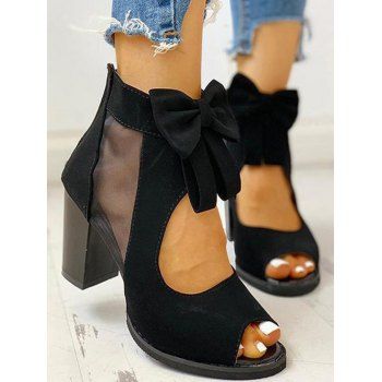 

Peep Toe Bowknot Mesh Patchwork Chunky Heel Sandals, Black